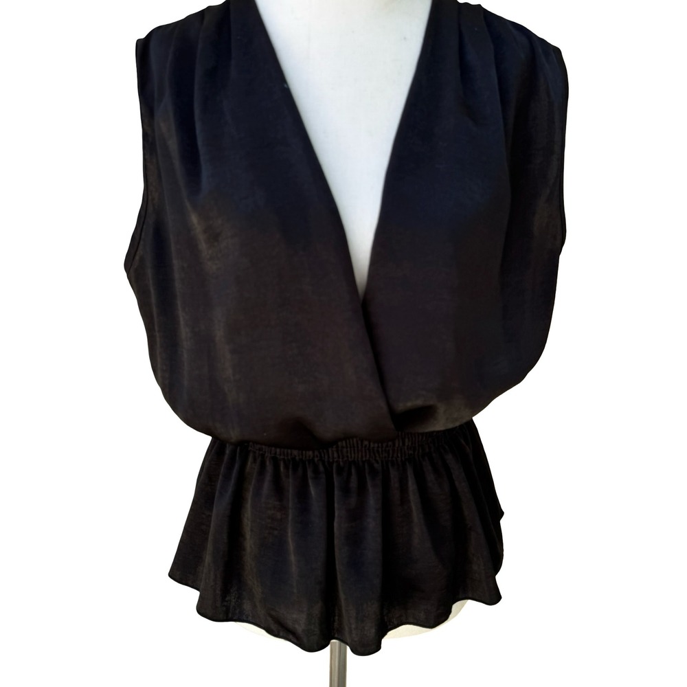 Blue Sketch‎ Y2K Satin Surplice Peplum Blouse Smocked Waist Whimsigoth Black L
